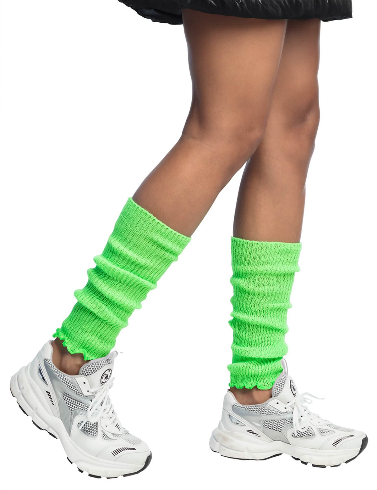 Vista de perfil das perneiras verde fluo para mulher