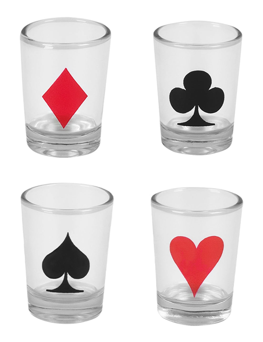 Gros plan sur les quatre verres à shooter du jeu d'apéro drinking poker