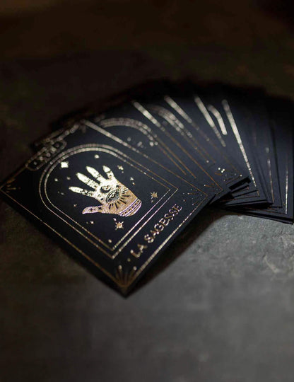 Jogo de 20 cartas oráculo adivinhação Cosmic Spirit em papel preto e dourado 8 x 11 cm