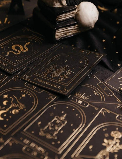 Jogo de 20 cartas oráculo adivinhação Cosmic Spirit em papel preto e dourado 8 x 11 cm