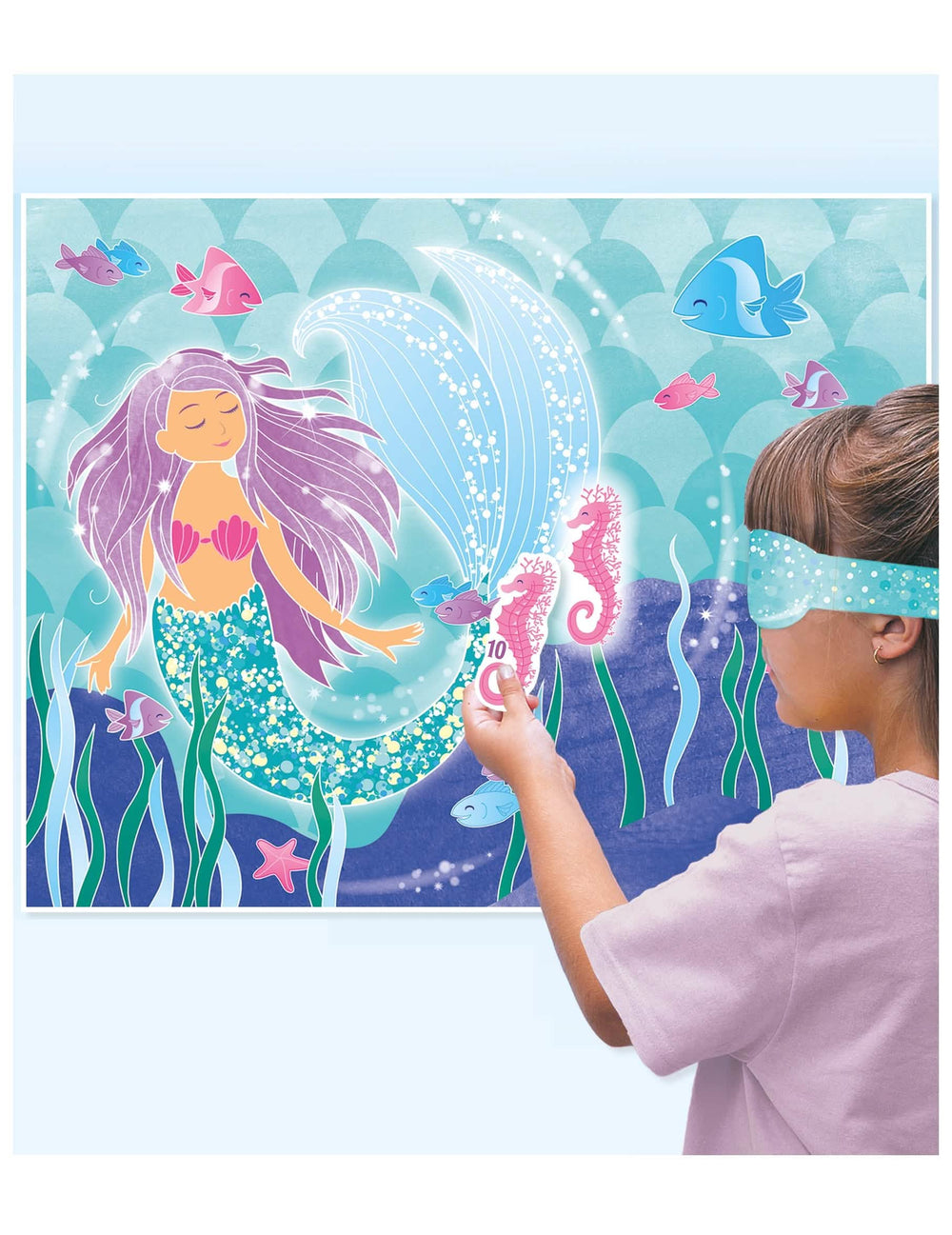Jogo de festa bonita sereia para criança azul com cavalo-marinho cor de rosa