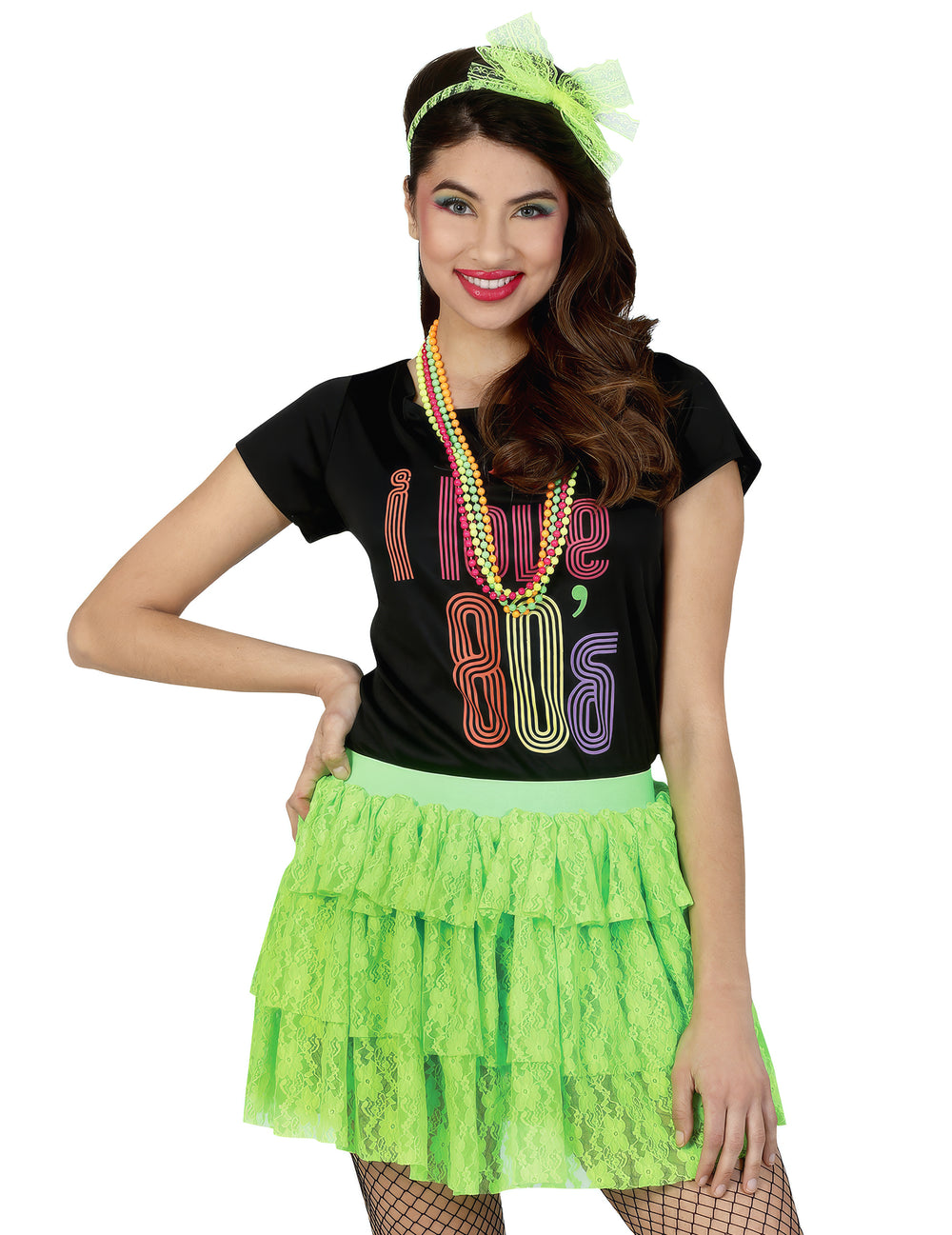 Jupe 80's pour femme vert néon à dentelle et volants