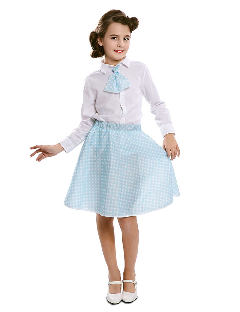 Saia com gravata pin-up para menina azul céu com bolinhas brancas