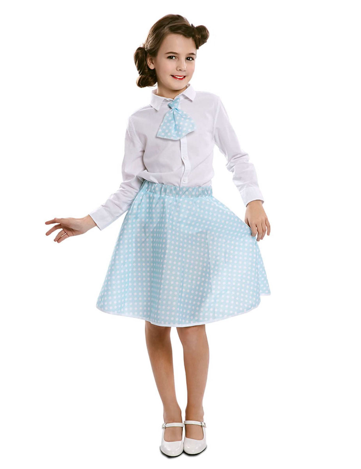 Saia com gravata pin-up para menina azul céu com bolinhas brancas