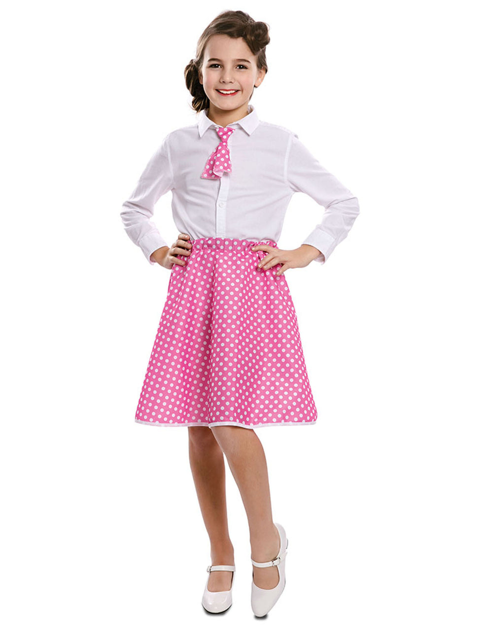 Jupe avec cravate pin-up pour fille rose à pois blancs