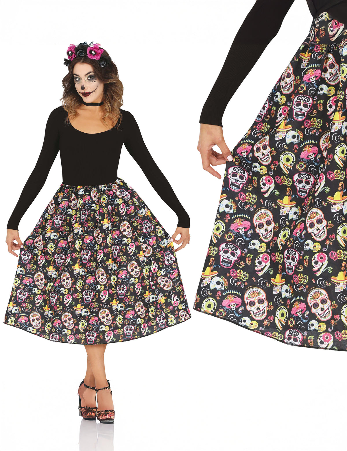 Gros plan sur les motifs de la jupe Dia de los muertos