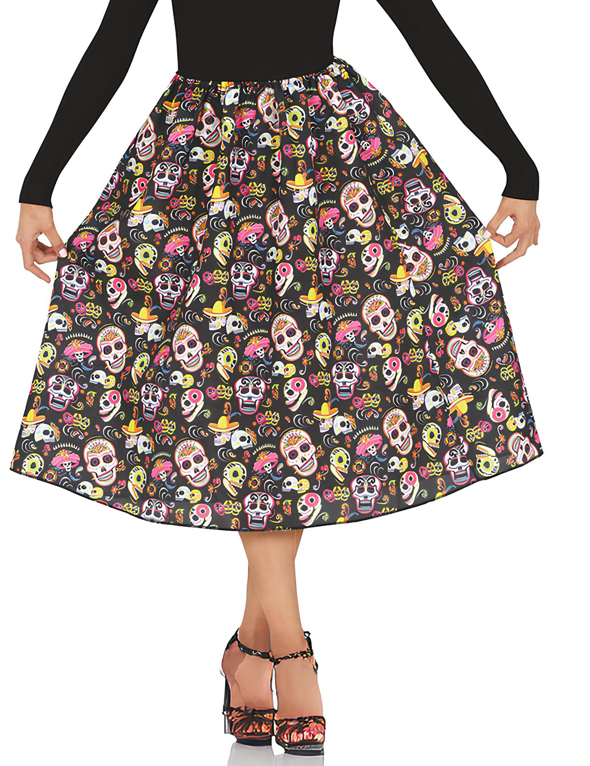 Jupe Dia de los muertos pour adulte noire à motifs têtes de mort colorées