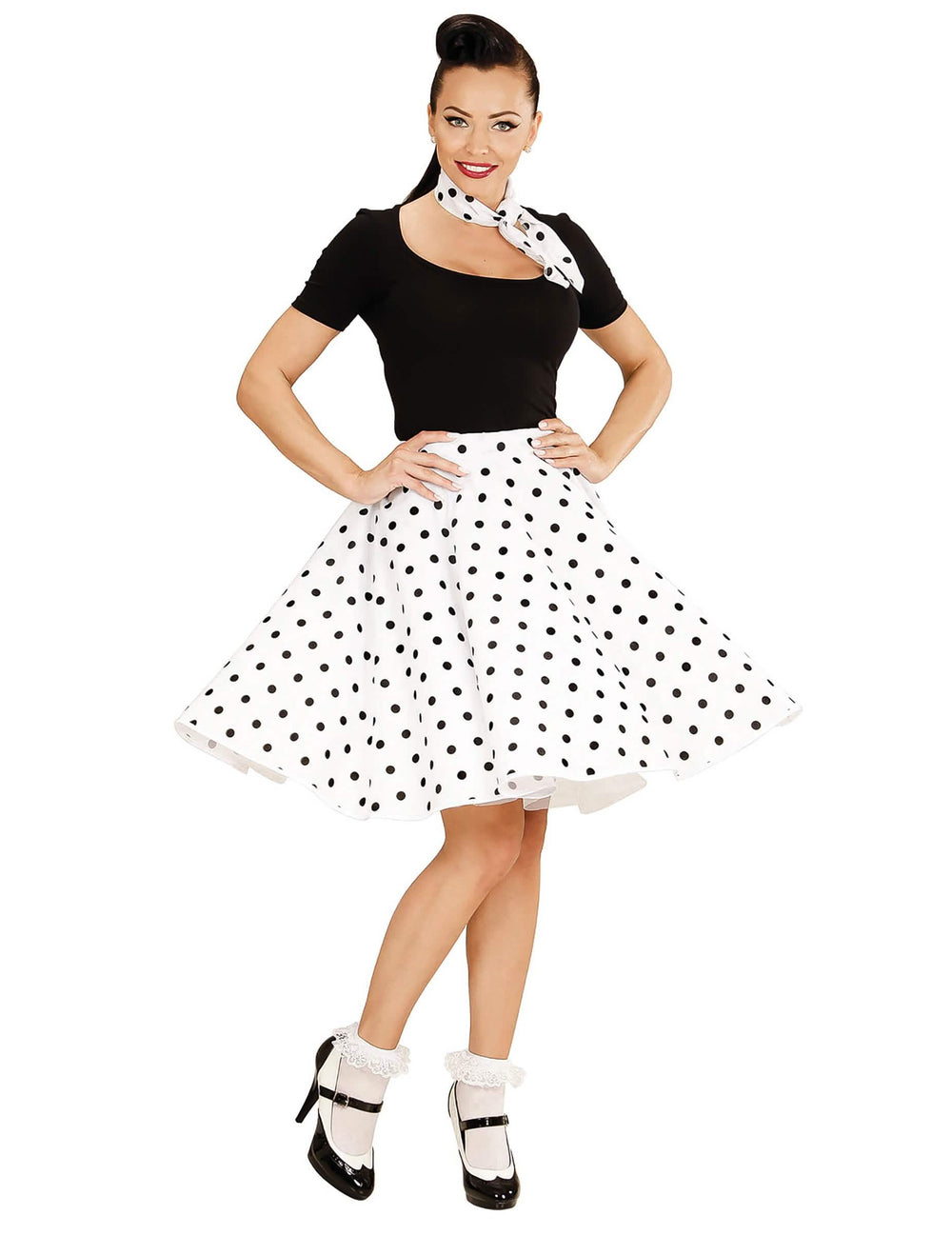 Saia e lenço anos 50 para mulher brancos com bolinhas pretas
