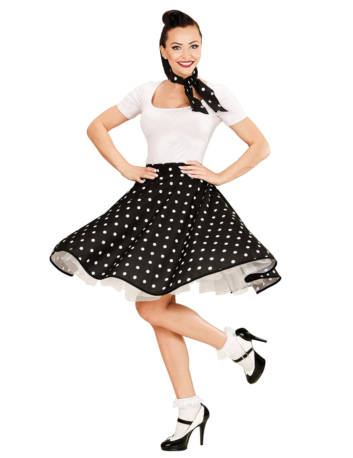 Jupe et foulard années 50 pour femme noirs à pois blancs