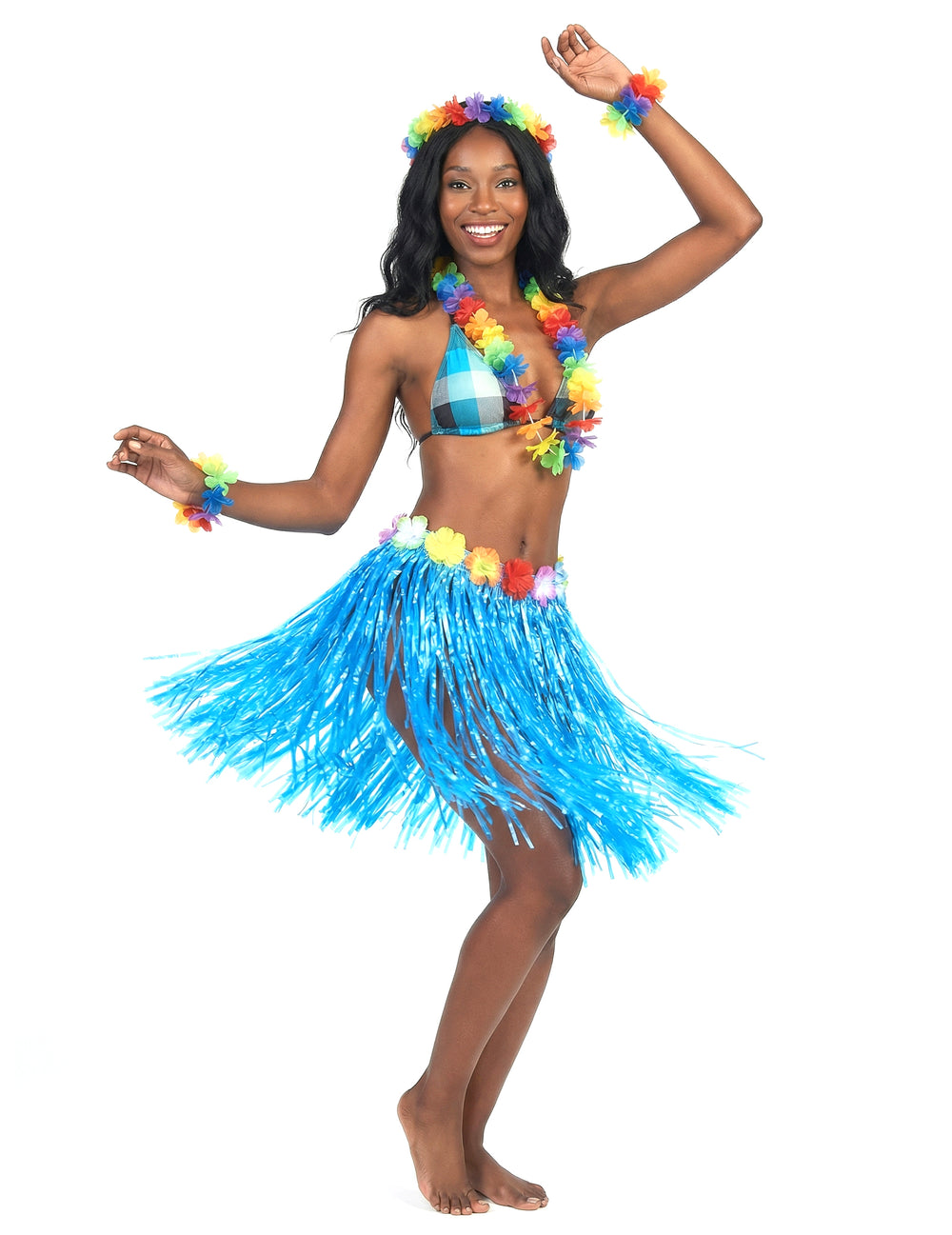 Vue d'ensemble avec accessoires de la jupe hawaïenne courte