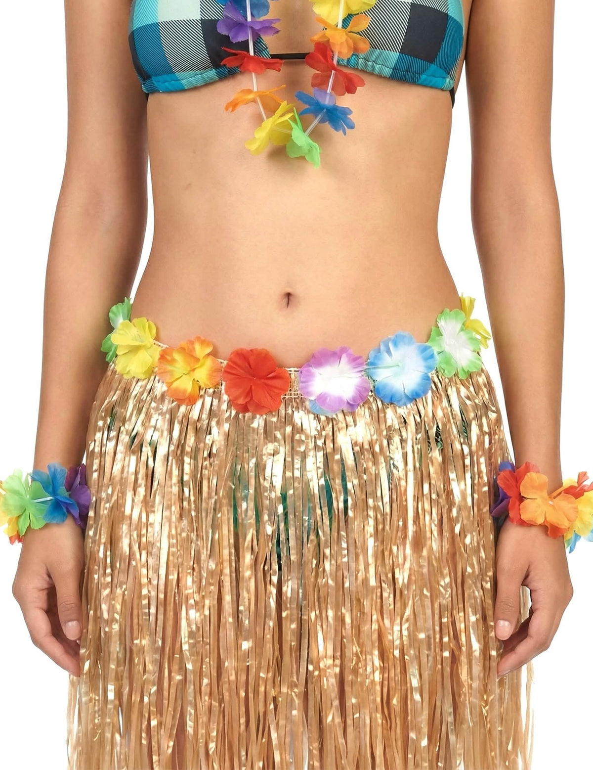 Grande plano sobre as pulseiras e flores à cintura da saia havaiana curta em plástico para adulto