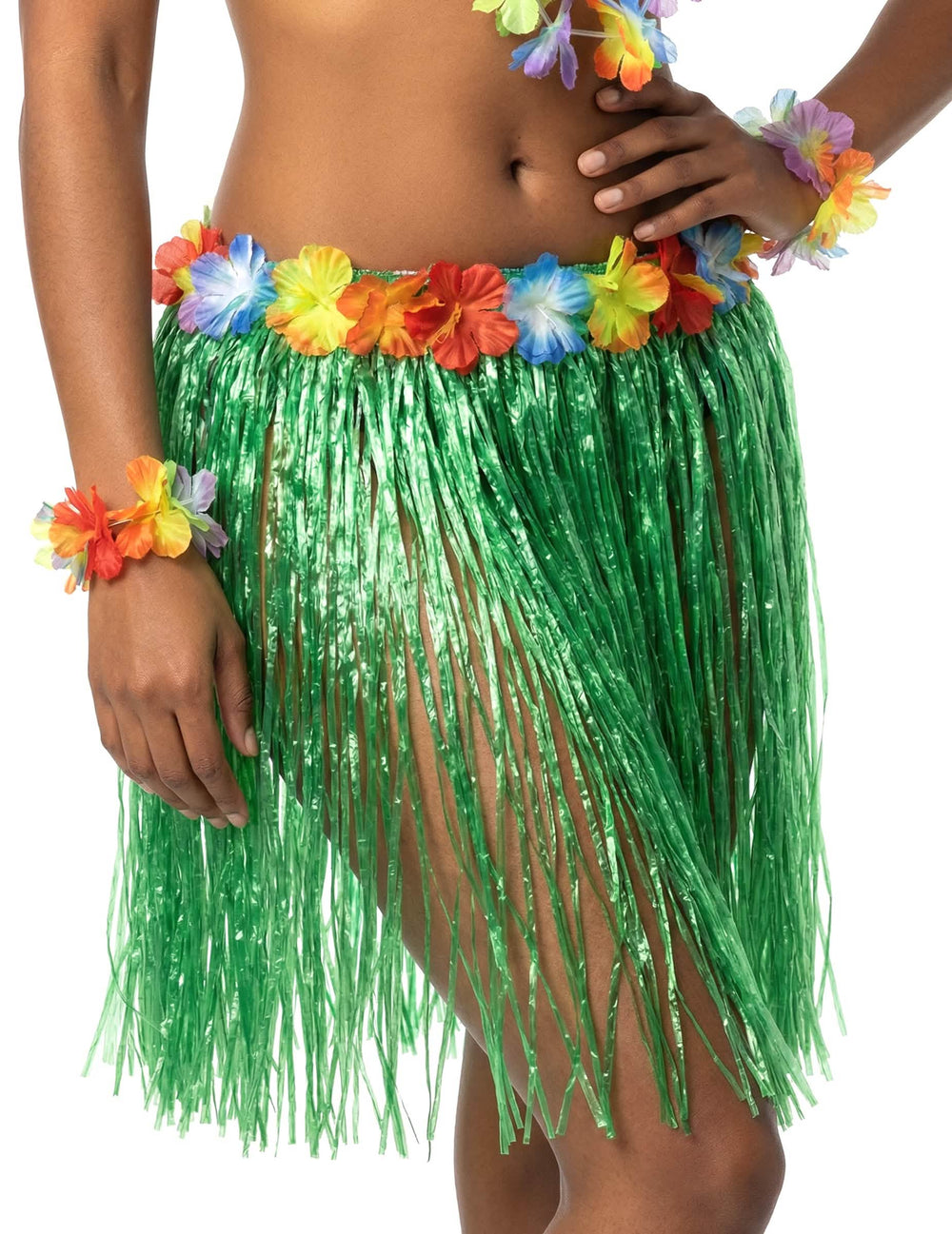Detalhe do cinto florido e das franjas da saia havaiana curta para adulto