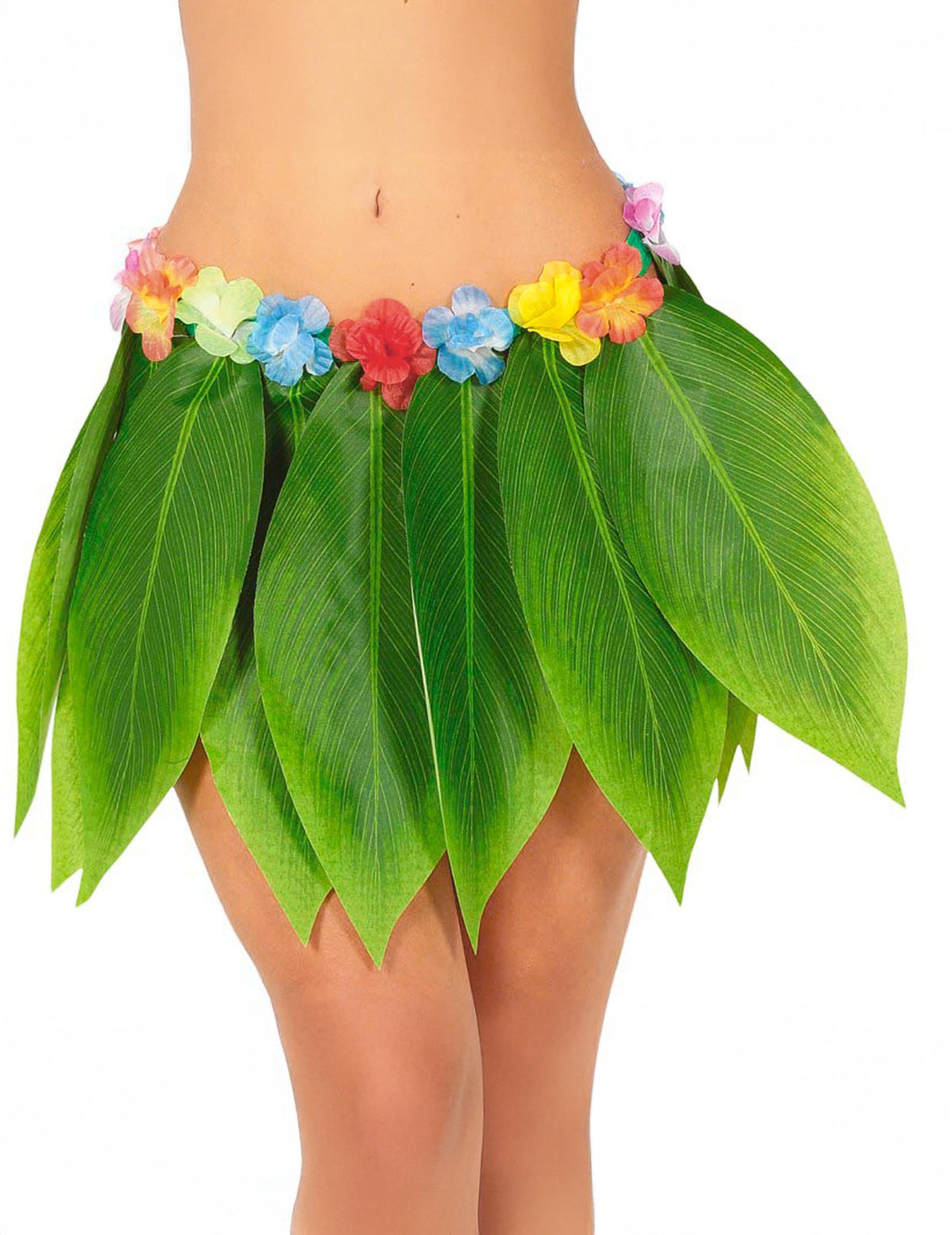 Jupe hawaïenne feuilles de bananier pour adulte verte avec fleurs colorées à la taille