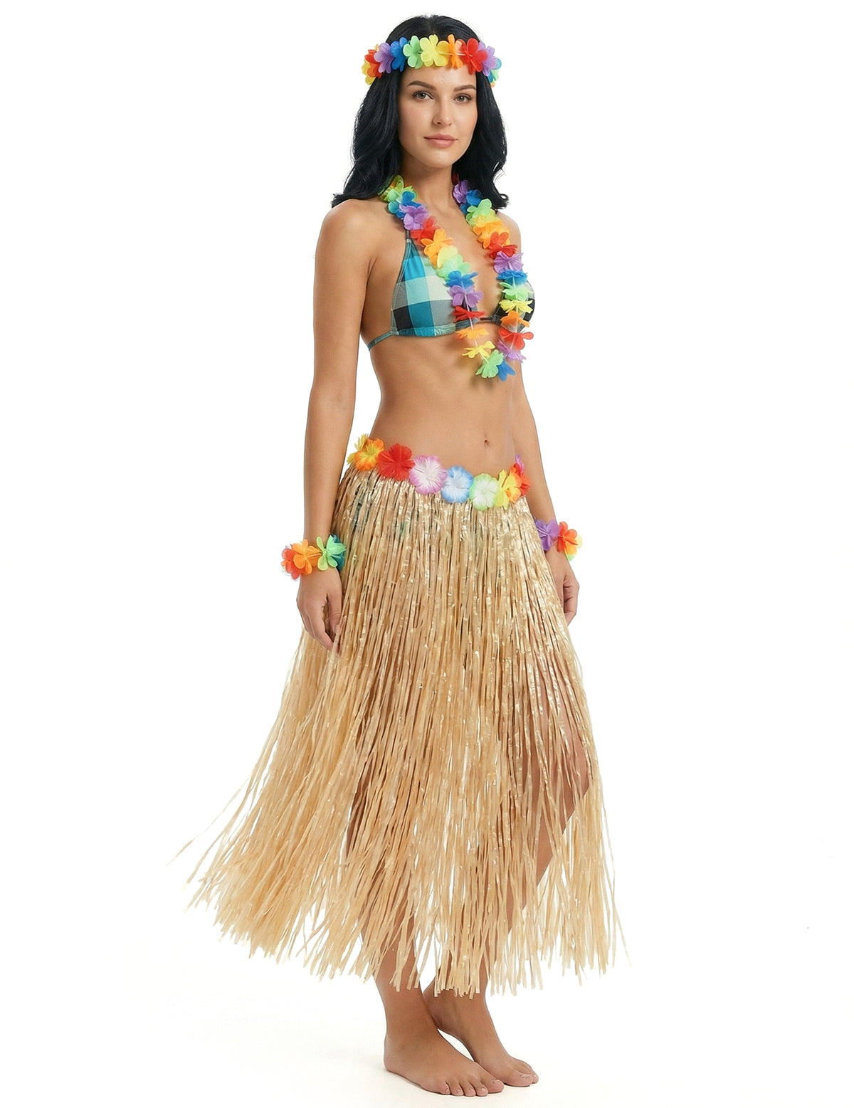 Vue d'ensemble avec accessoires de la jupe hawaïenne longue pour adulte naturelle