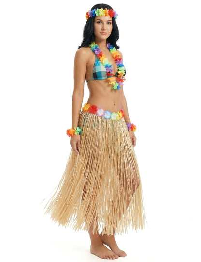 Vue d'ensemble avec accessoires de la jupe hawaïenne longue pour adulte naturelle