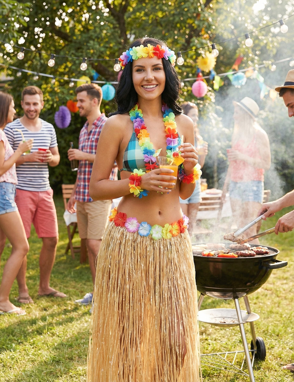 Mise en situation lors d'une fête de la jupe hawaïenne longue pour adulte naturelle