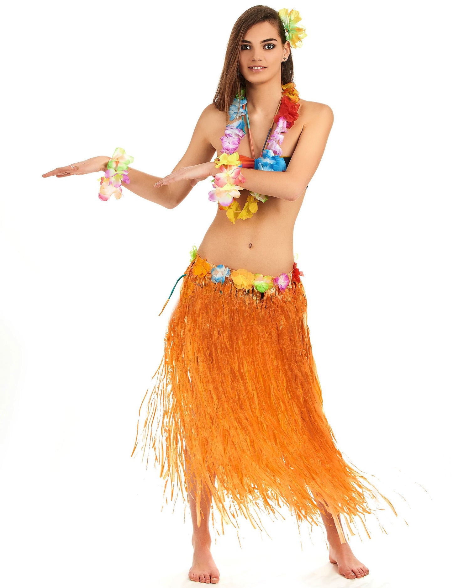 Jupe hawaïenne longue pour adulte orange avec fleurs à la taille