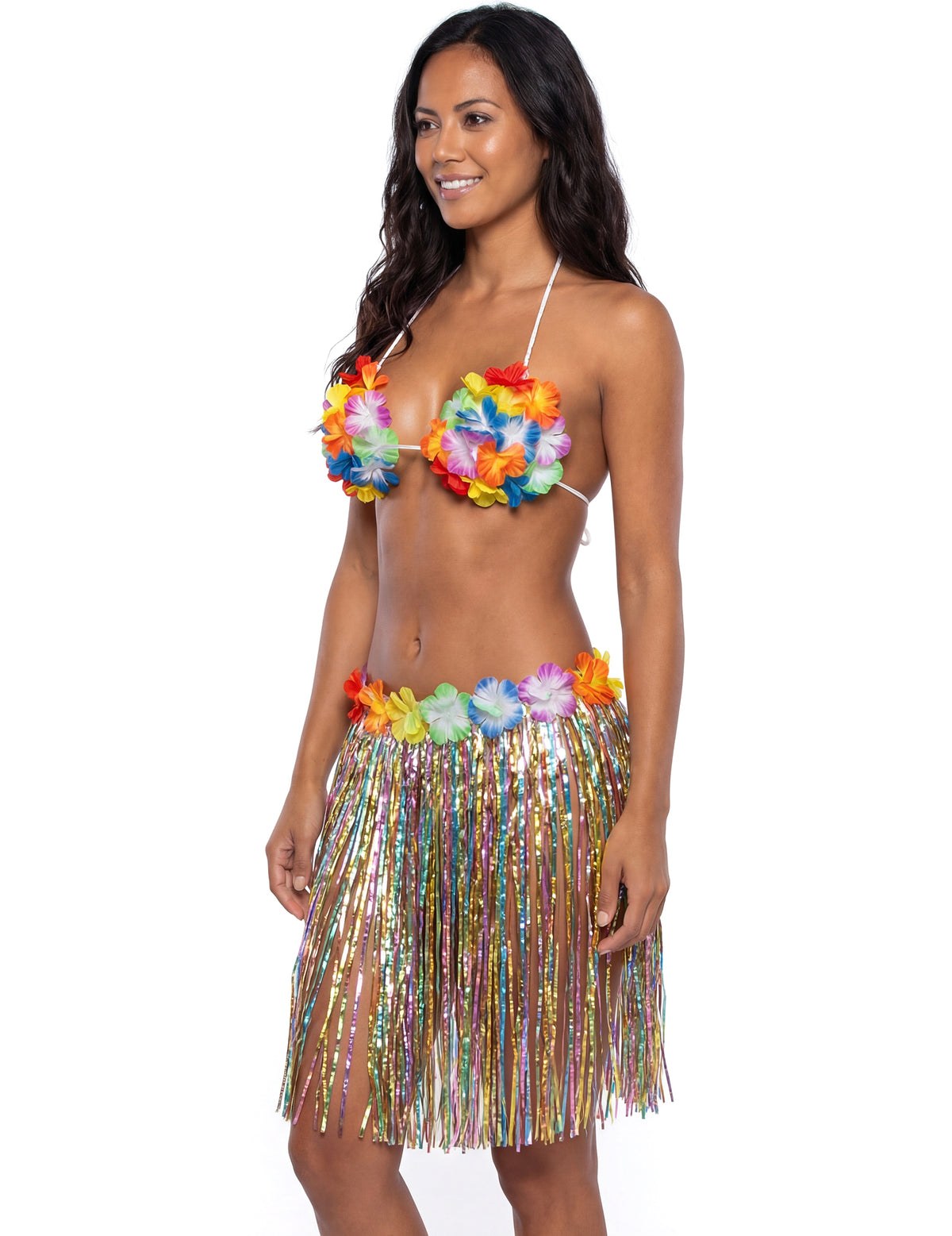 Vue de profil de la jupe hawaïenne pour adulte multicolore