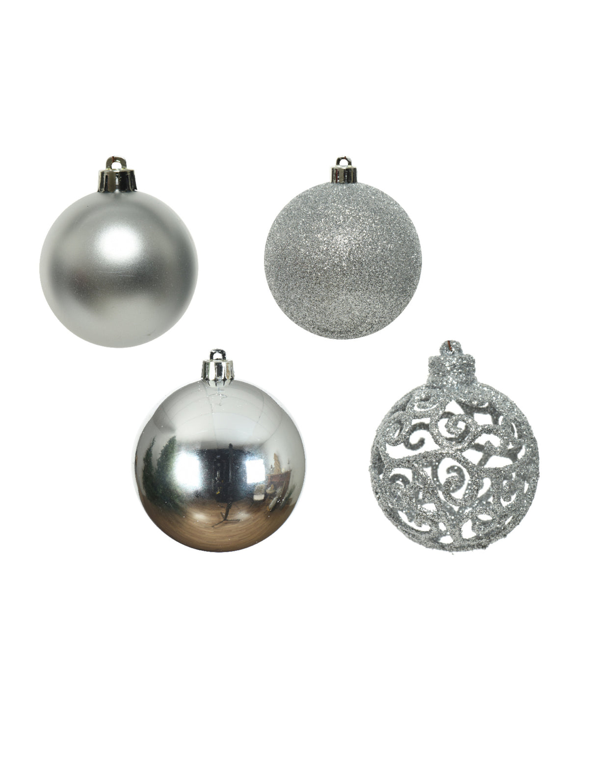 Boules de noël argentées aux effets variés mates brillantes pailletées et ajourées
