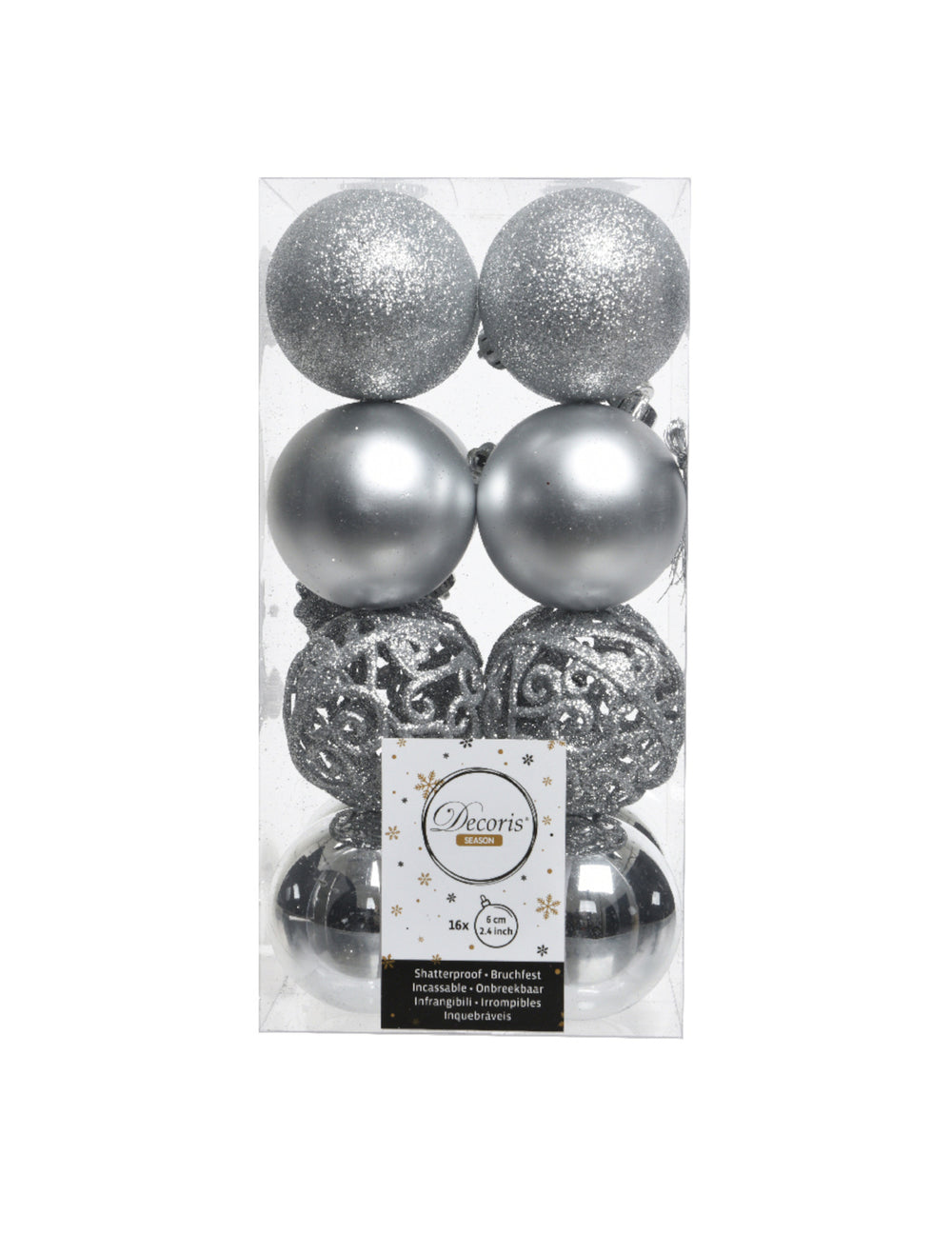 Vue de face de la boîte de boules de noël argentées aux effets variés