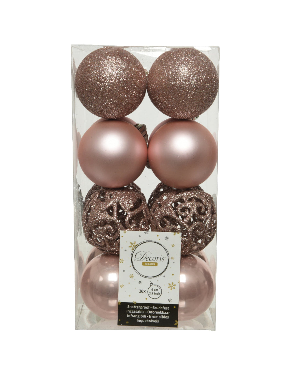 Vue de face de la boîte de boules de Noël pour décoration rose gold brillantes et mates