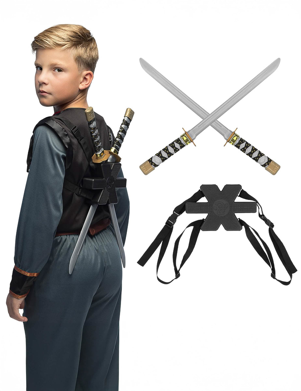 Kit 2 sabres ninja avec support pour enfant gris et noir avec harnais de dos