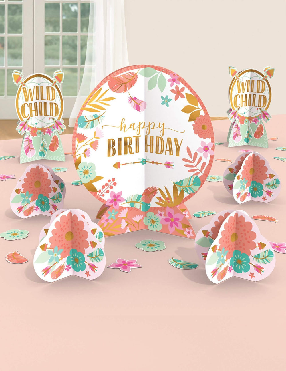 Kit 27 decorações de mesa aniversário boho em cartão cor de rosa e menta com flores e penas