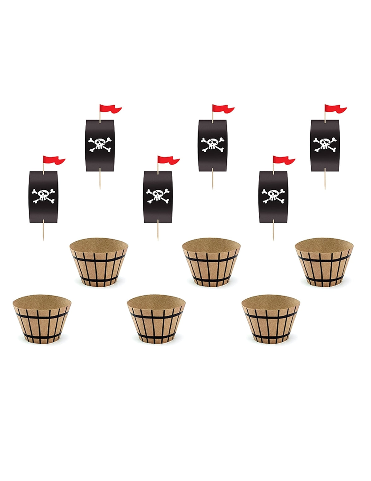 Kit à cupcake pirate pour enfant marron et noir avec tonneaux et voiles têtes de mort