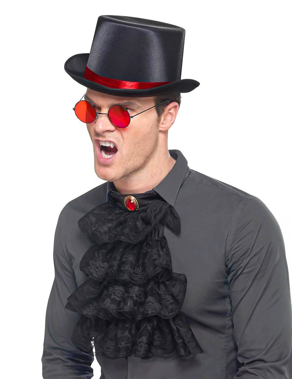 Kit de acessório gótico de halloween para adulto preto com cartola, óculos vermelhos e plastrão