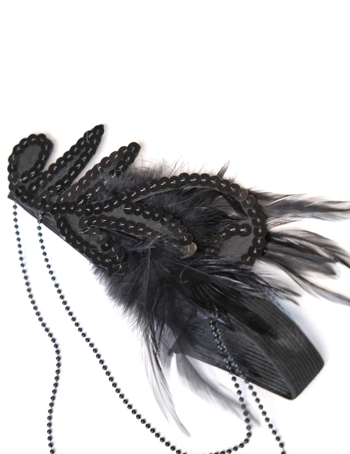 Détail du bandeau à plumes et sequins du kit accessoires années 20