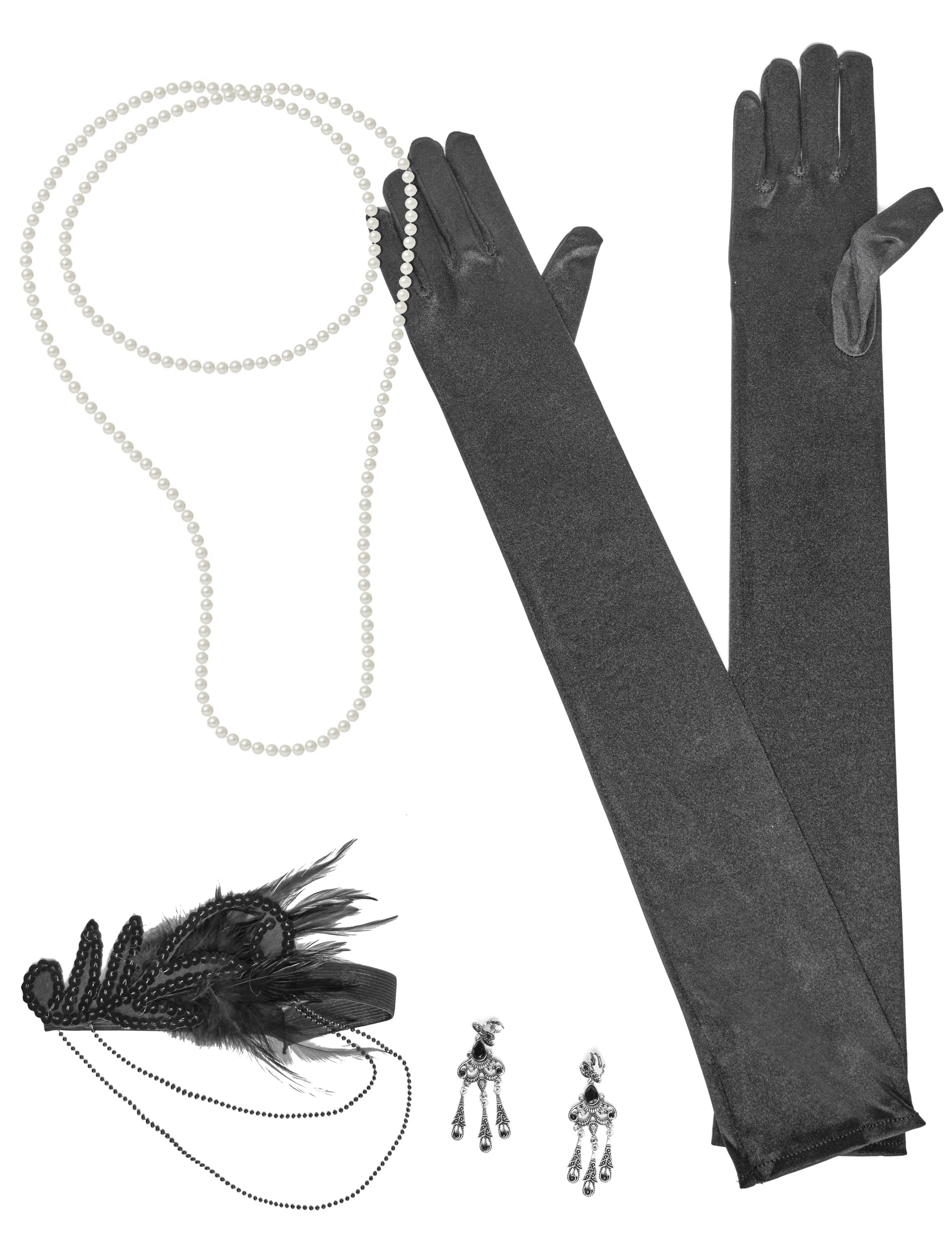 Kit accessoires années 20 pour femme noir avec collier de perles et plumes