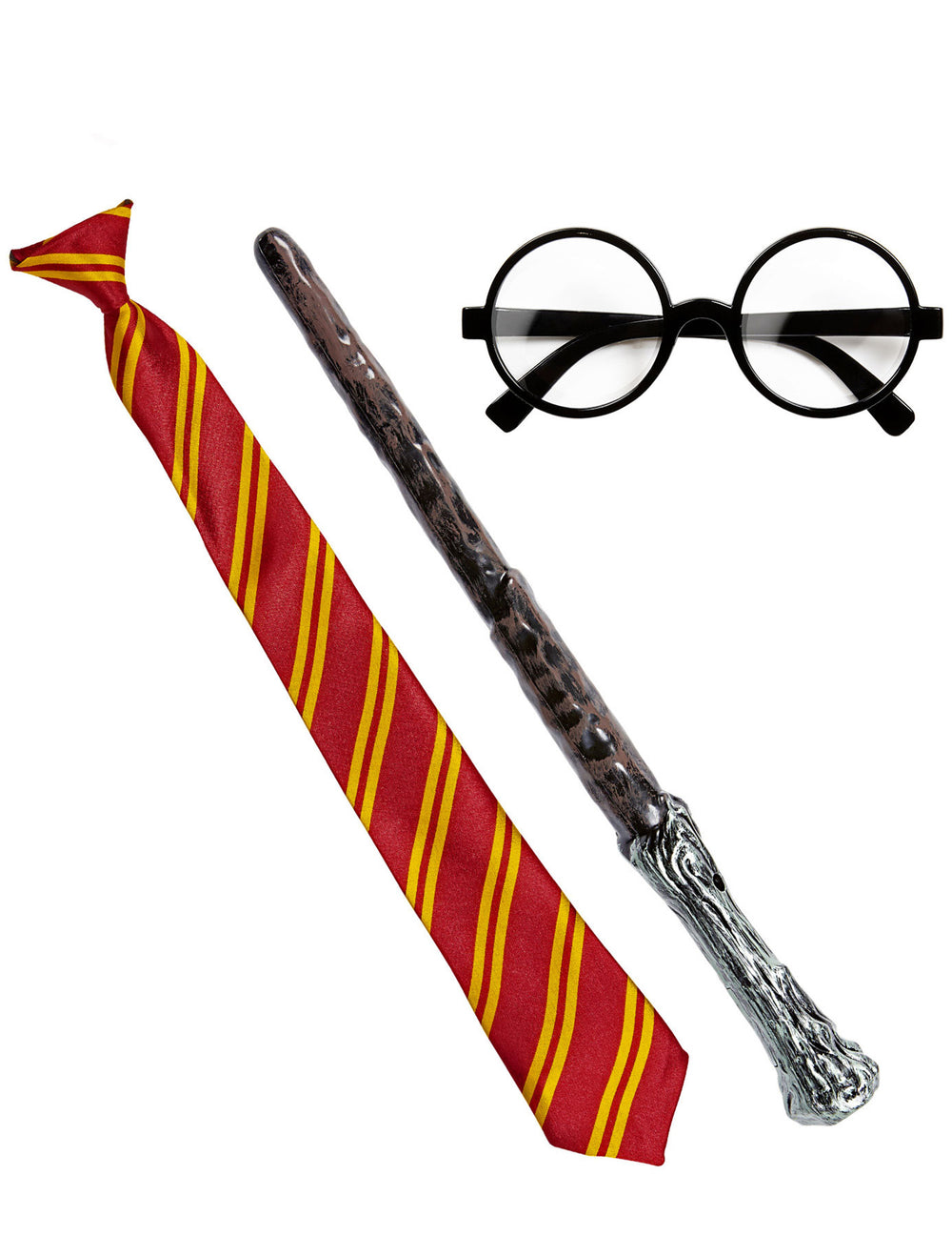 Kit accessoires apprenti sorcier pour adulte avec cravate rouge et jaune, baguette et lunettes noires
