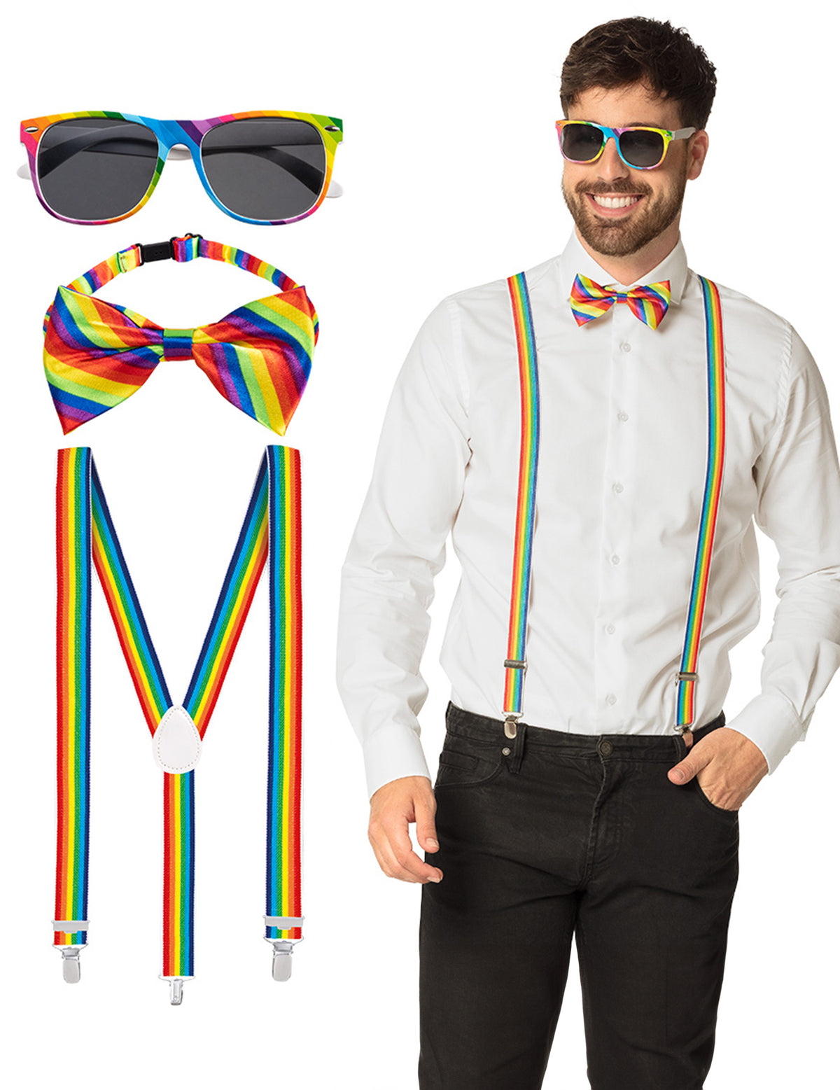 Kit accessoires arc en ciel pour adulte avec lunettes, noeud papillon et bretelles multicolores