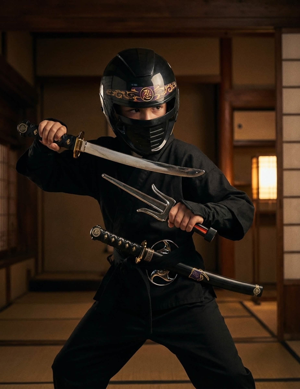 Kit de acessórios armas e máscara ninja para criança preto com katana e sai