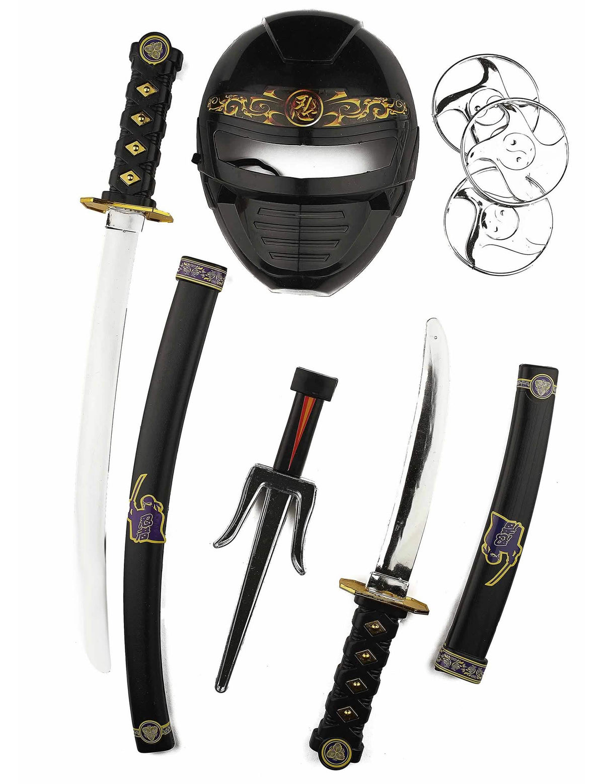Kit de acessórios armas e máscara ninja para criança preto e prateado
