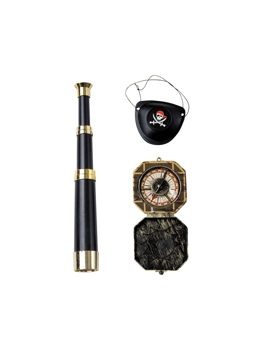 Kit accessoires capitaine pirate pour adulte noir et or avec longue-vue, boussole et cache-œil