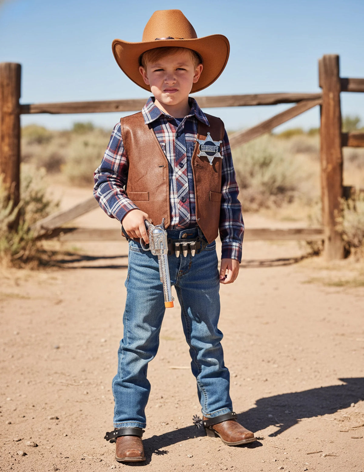 Kit accessoires de cowboy pour enfant marron avec gilet, chapeau et pistolet