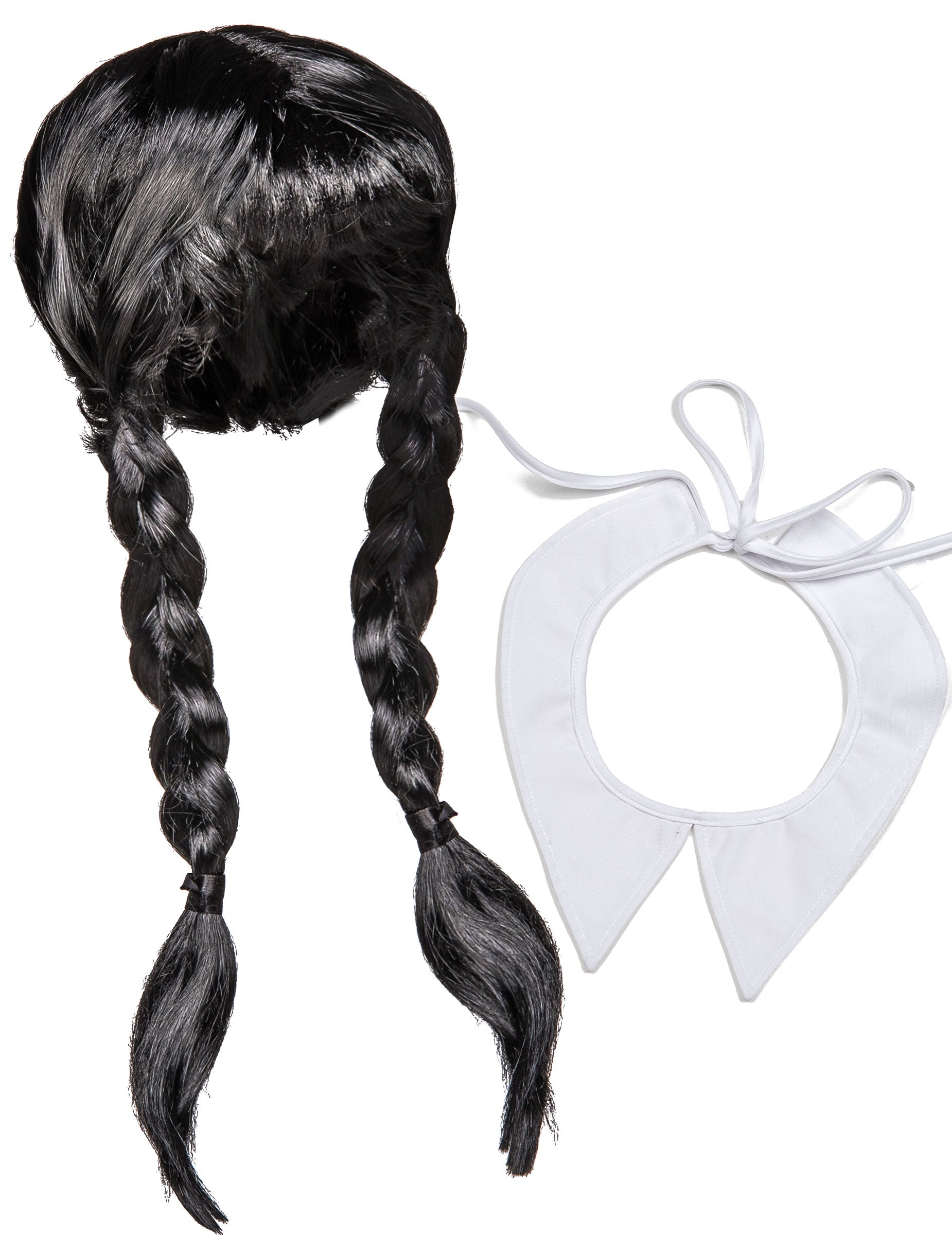 Kit accessoires écolière gothique pour femme avec perruque noire à tresses et col blanc