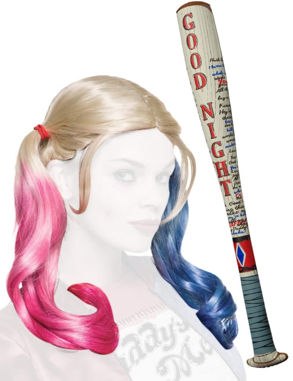 Kit de acessórios Harley Quinn para mulher loira com tranças cor de rosa e azuis com taco de basebol