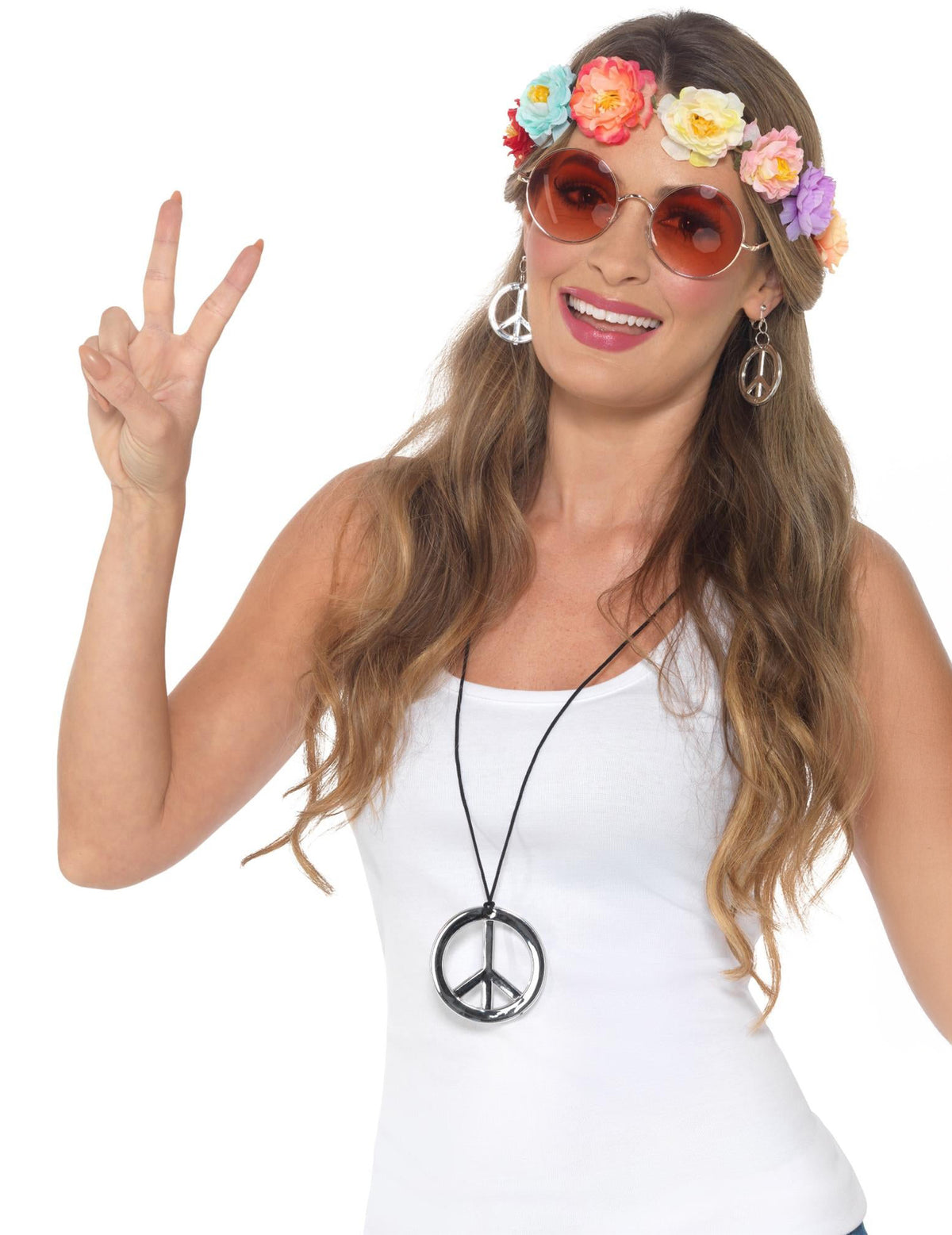 Kit accessoires hippie pour femme avec couronne de fleurs et bijoux peace and love argentés