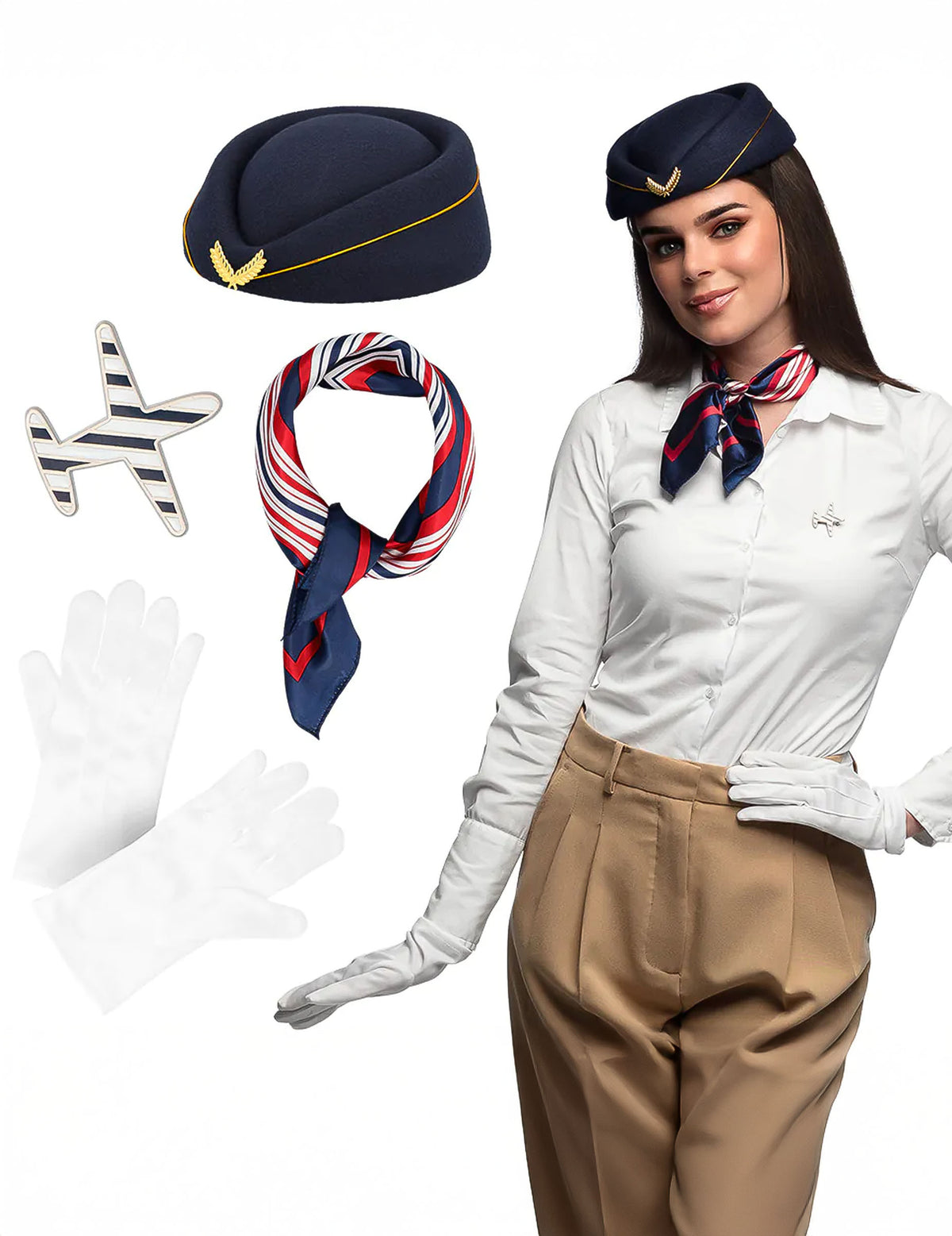 Kit accessoires hôtesse de l'air pour femme bleu marine et blanc avec calot, foulard et gants