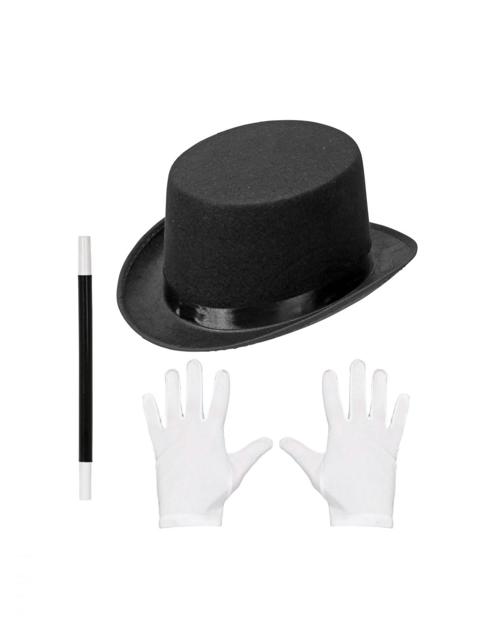 Kit de acessórios de mago para criança preto e branco com chapéu alto, luvas e varinha
