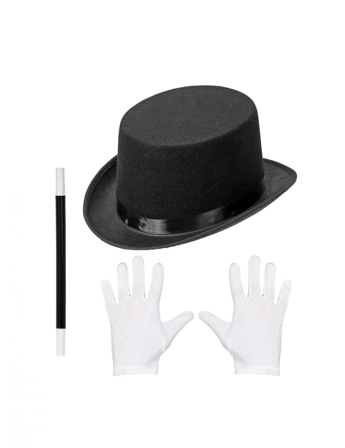 Kit de acessórios de mago para criança preto e branco com chapéu alto, luvas e varinha