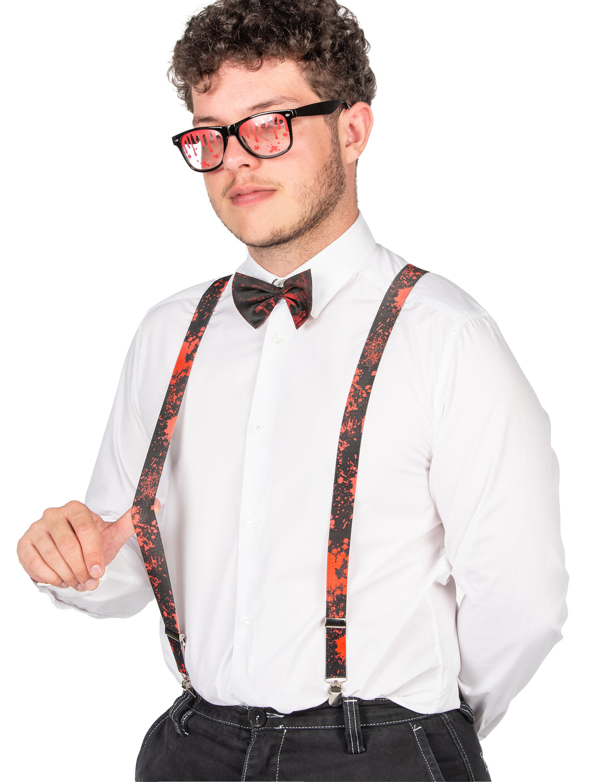 Kit accessoires noirs sanglants pour adulte avec lunettes nœud papillon et bretelles à taches de sang