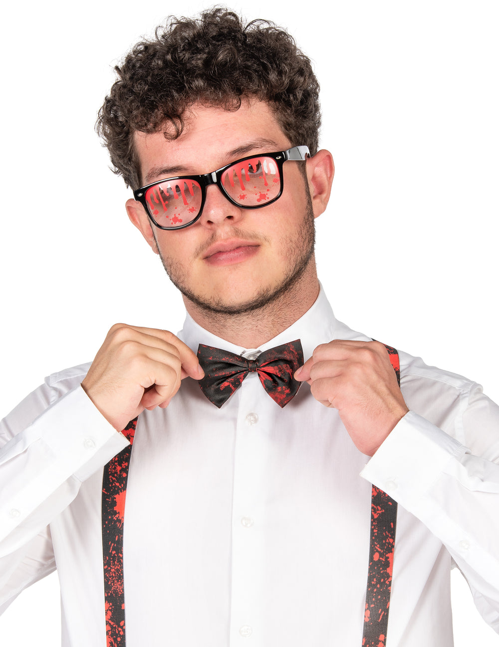 Gros plan sur les lunettes et le nœud papillon du kit accessoires noirs sanglants pour adulte