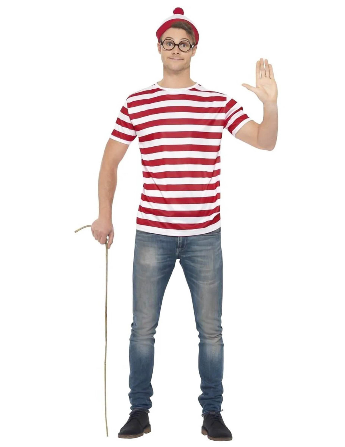 Kit de acessórios Onde está o Wally™ para adulto às riscas vermelhas e brancas com gorro e óculos