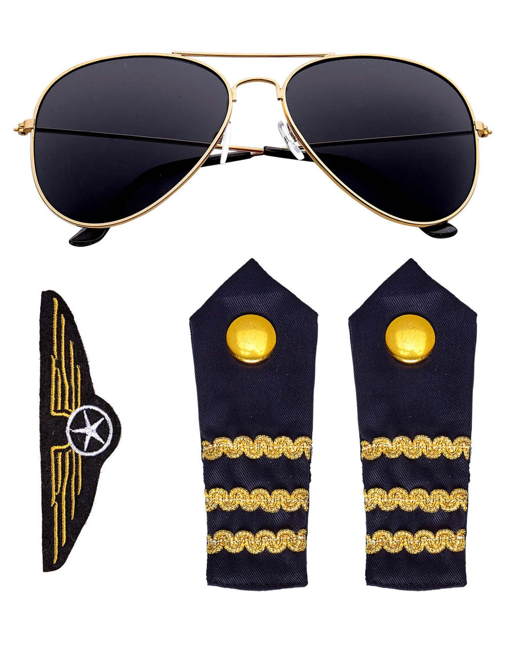 Kit de acessórios de piloto de linha para adulto com óculos aviador e dragonas azul-marinho e dourado