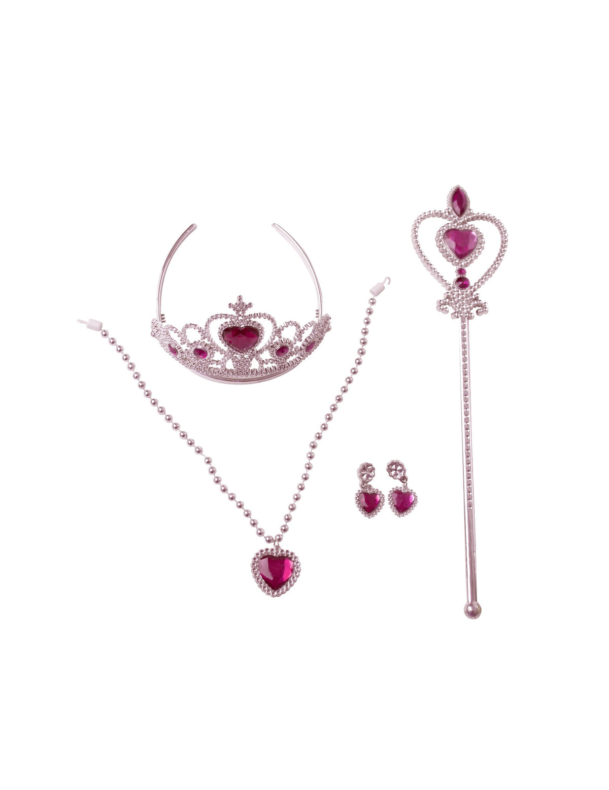 Détail de la couronne, de la baguette et des bijoux du kit accessoires princesse des rêves
