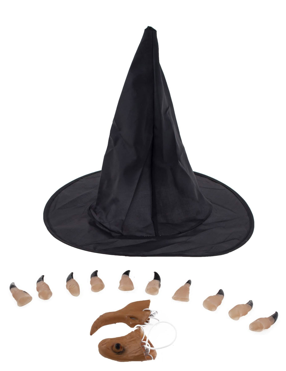 Kit de acessórios de bruxa para mulher preto com chapéu, dedos falsos e nariz adunco