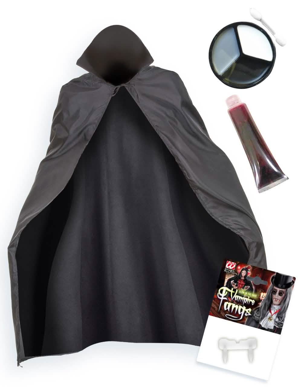 Kit de acessórios de vampiro para adulto preto com capa, maquilhagem e dentes de vampiro